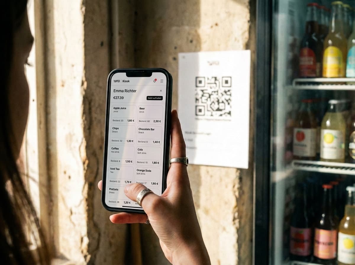 Tapper Strichlisten-App auf einem Smartphone neben Getränkekühlschrank und QR-Code